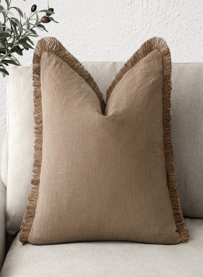Foindtower Decorative Linen Fringe Throw Pillow Covers Cozy Boho Farmhouse Cushion Cover with Tassels Soft Accent Pillowcase for Chair Sofa Bed Living Room Home Decor, 16×16 Inch, 1PC, Khaki Brown - Image 1